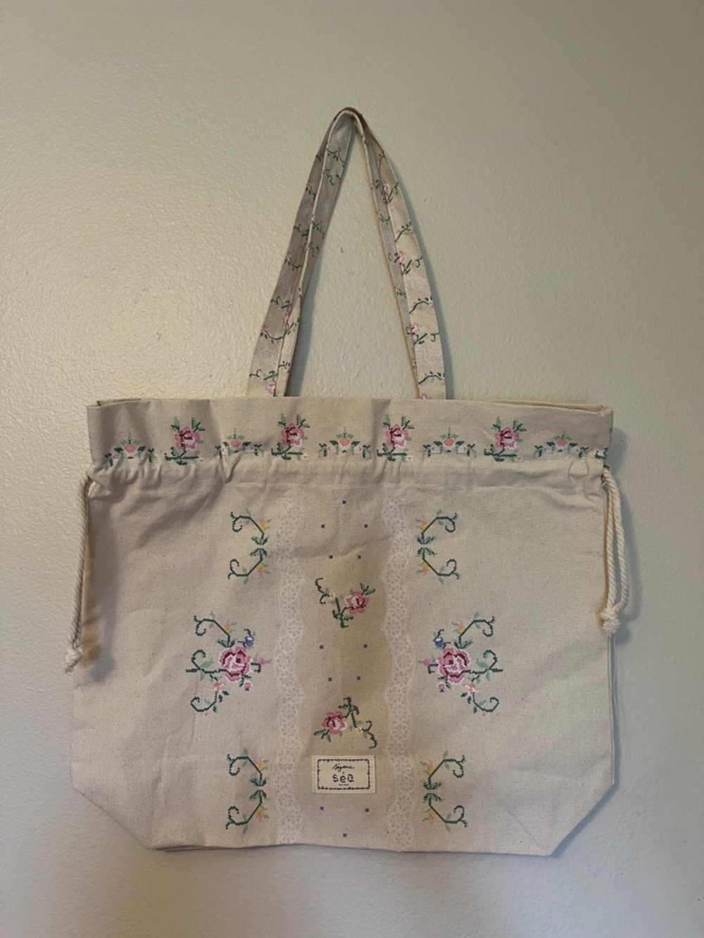 Sézane Sea New York Cream Canvas Tote with Embroidered Pink Floral Motif